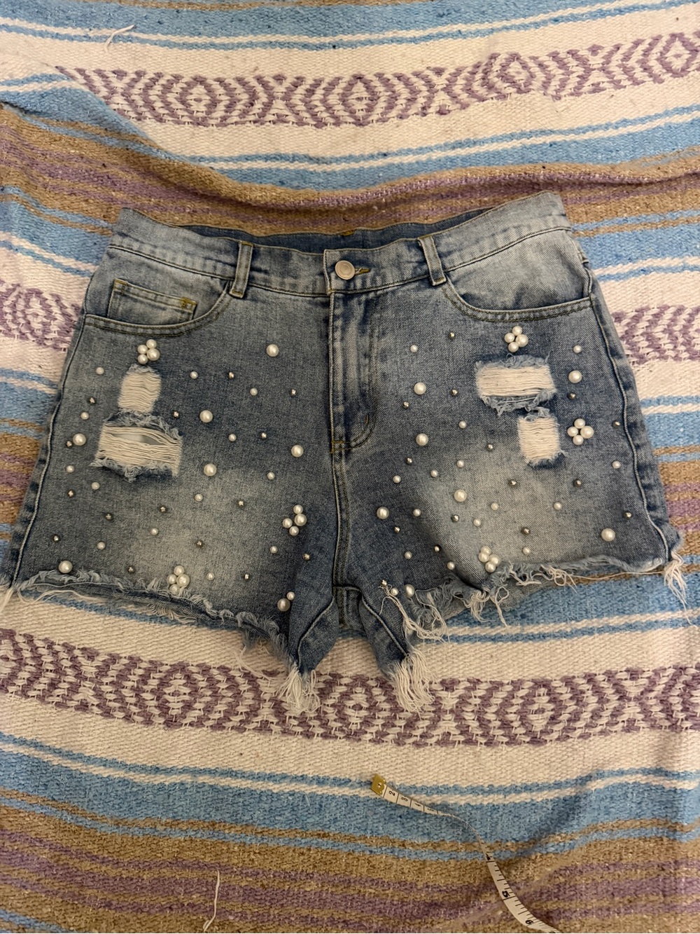 Pearl-Embellished Distressed Denim Shorts - Light Blue